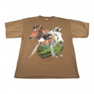 Vintage Horses Shirt Adult EXTRA LARGE Brown Eagle Nature Art USA Made Y2K